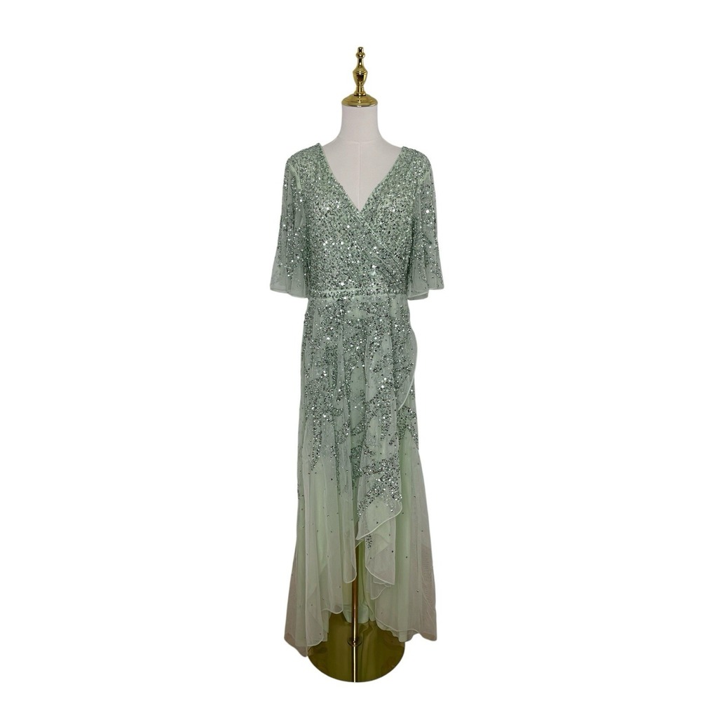 Mac Duggal 93681 Sage Sequin Butterfly Sleeve High Low Dress Size 12 $498 - Picture 4 of 7